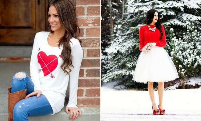 Womens winter fashion outfits: casual jeans with boots and a chic red-and-white holiday dress.