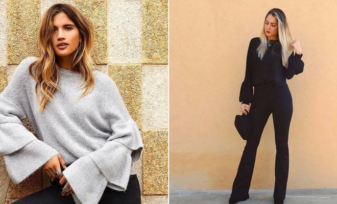 Women wearing trendy bell sleeve outfits, casual gray sweater and chic black ensemble, fashion style inspiration.