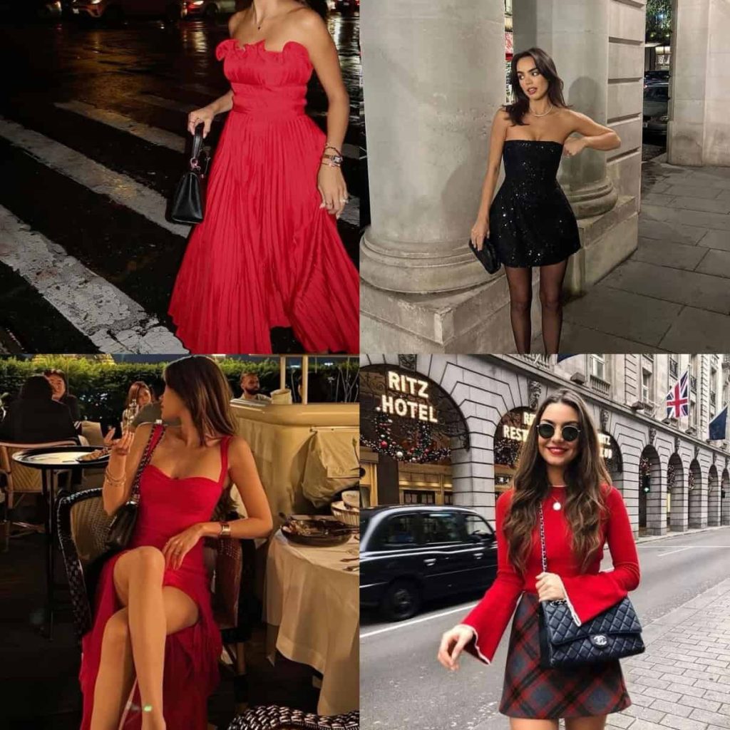 Chic Valentine’s Day date night outfit ideas for women, featuring red dresses, mini dress, and city style.