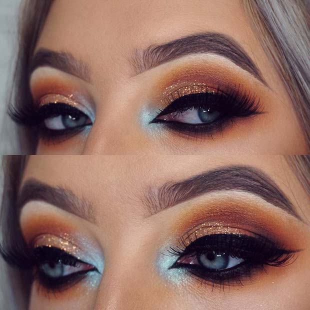 Warm, Orange Glitter Makeup for Blue Eyes