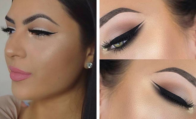 Elegant bridal makeup look with glowing skin, cat-eye eyeliner, defined brows, and nude eyeshadow.