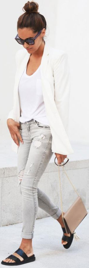 White Blazer Grey Jeans Outfit