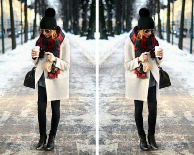White Coat Plaid Scarf Winter Outfit