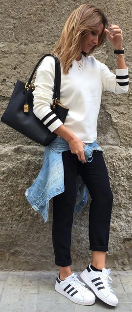White Sweater Black Trousers Casual Spring Outfit