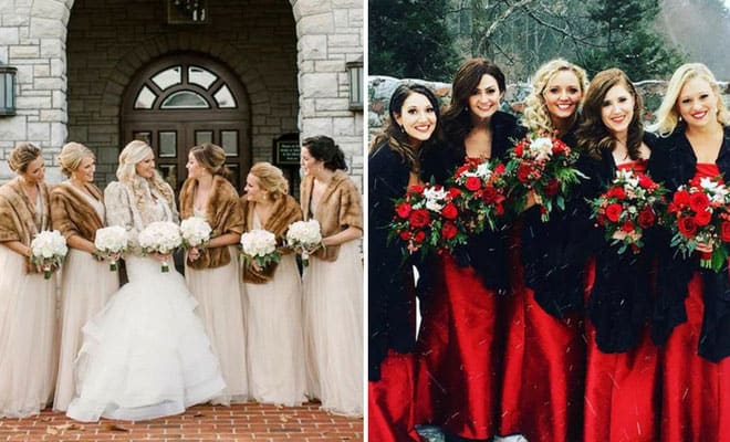 Winter bridesmaids in elegant dresses and fur or shawls, holding bouquets at outdoor snowy weddings.