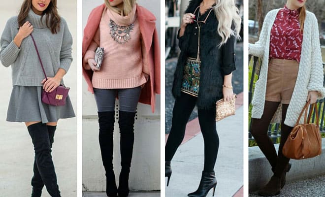 Trendy winter outfit ideas for women featuring sweaters, boots, coats, cardigans, and accessories.