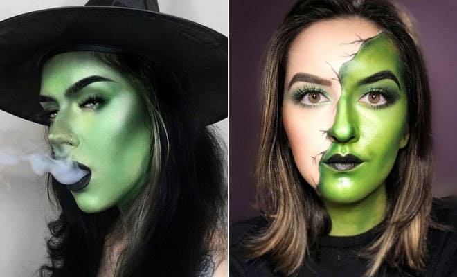 Two women display creative green witch makeup looks for Halloween with bold, artistic face paint.