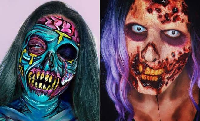 Creative zombie face paint makeup for Halloween, featuring vibrant colors and realistic horror effects.