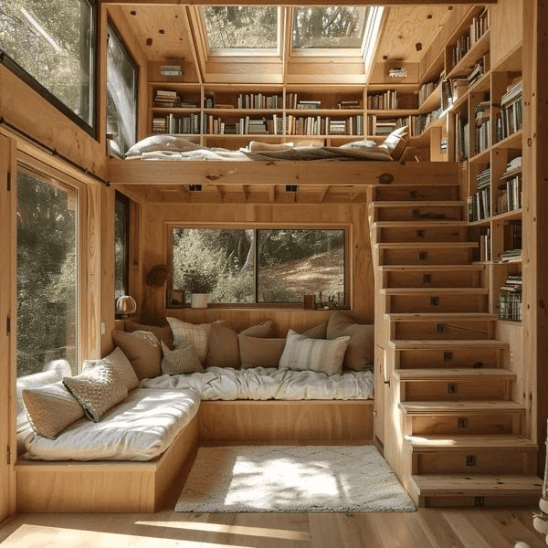 Book-Filled Woodland Tiny House with Lofted Reading Space