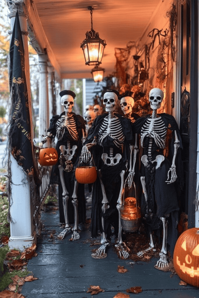 Cloaked Skeletons Carry Jack-o’-Lanterns at the Door