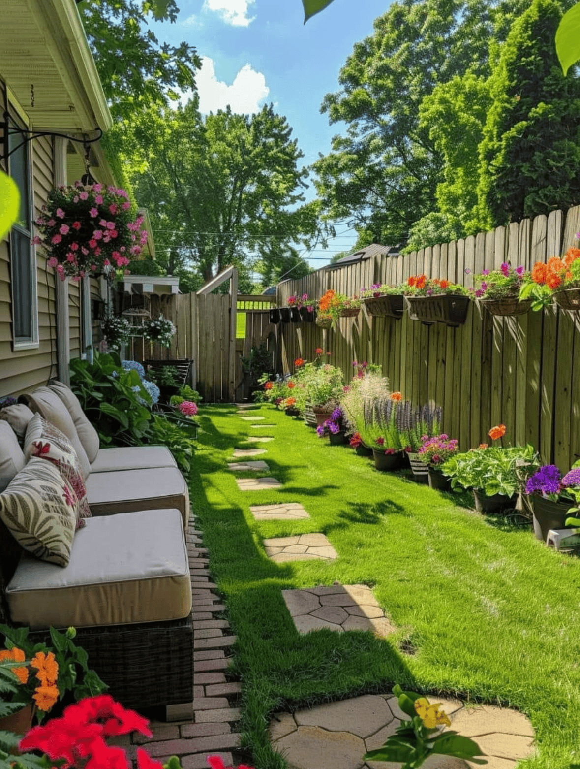 Cozy Backyard Resting Area Among Flowers and Greenery