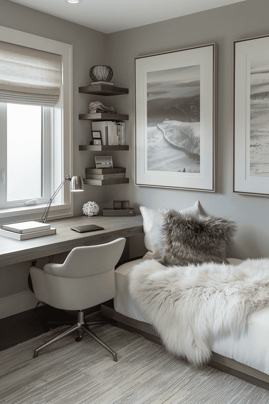 Create a Bedroom Workspace with Shelves and Wall Art