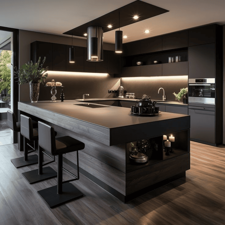 Dark Wood Grain Island With Open Storage Shelving