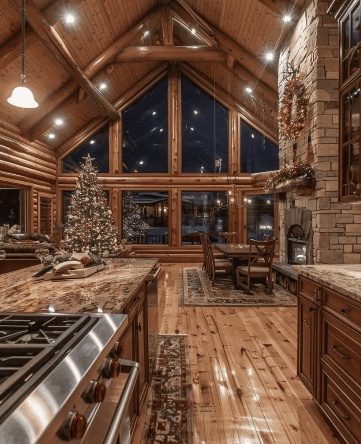 Festive Living Spaces with Warm Lighting and Night Views