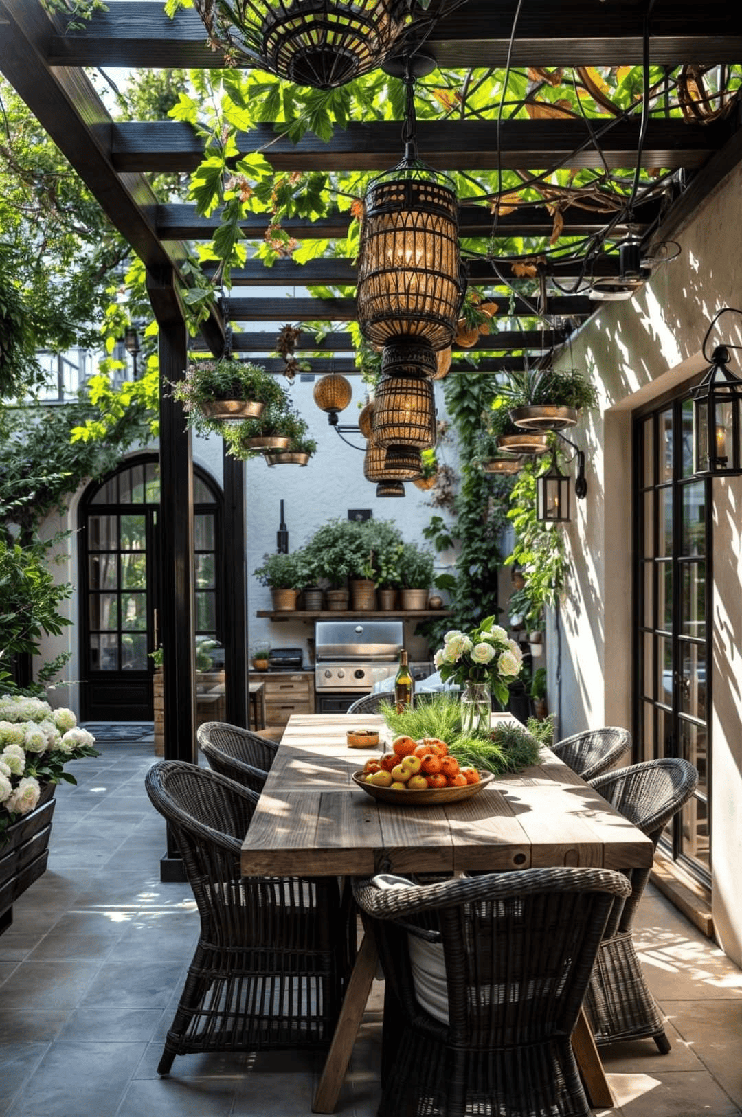Greenery and Lanterns Make Outdoor Dining Feel Special