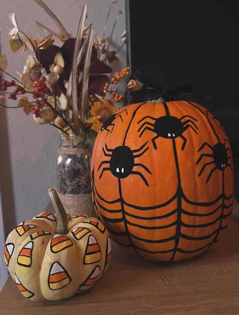Halloween Pumpkins with Spiders and Candy Corn