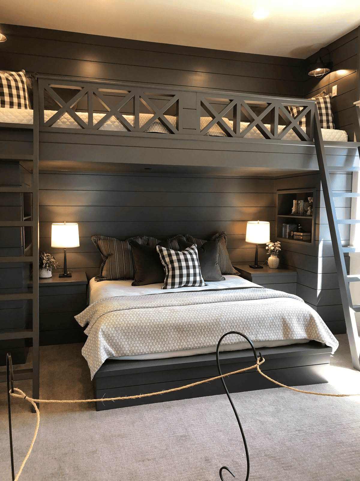 Industrial Loft Bed with Rope Railing and Staircase