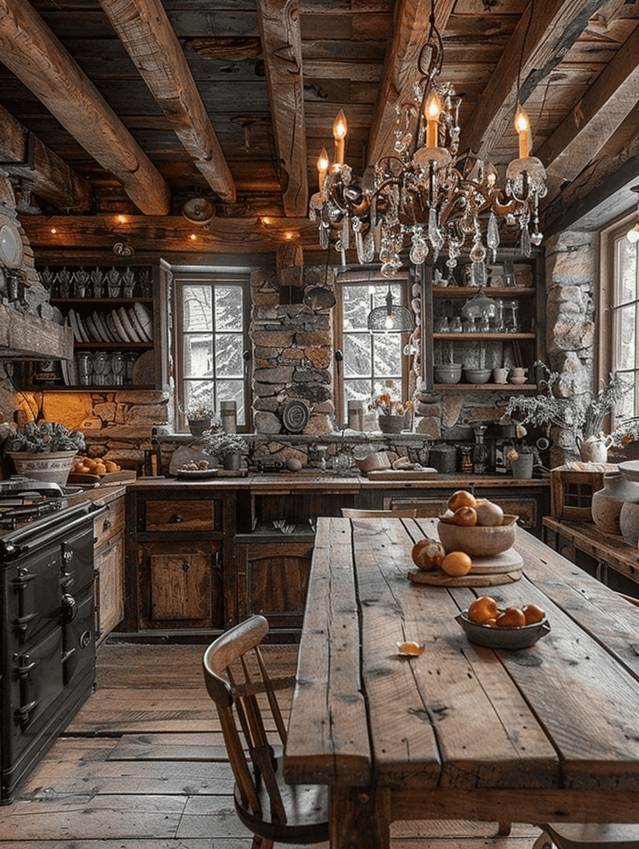 Natural Kitchen With Stone, Wood, And Large Windows