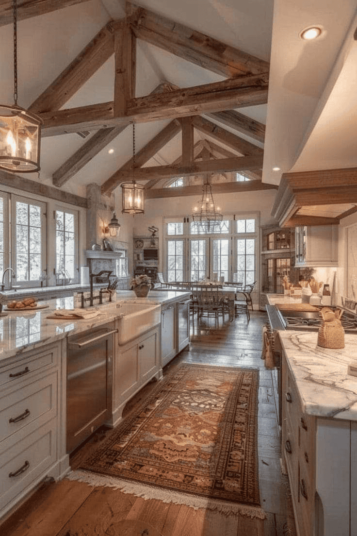 Open Plan Living With Beams And Chandeliers