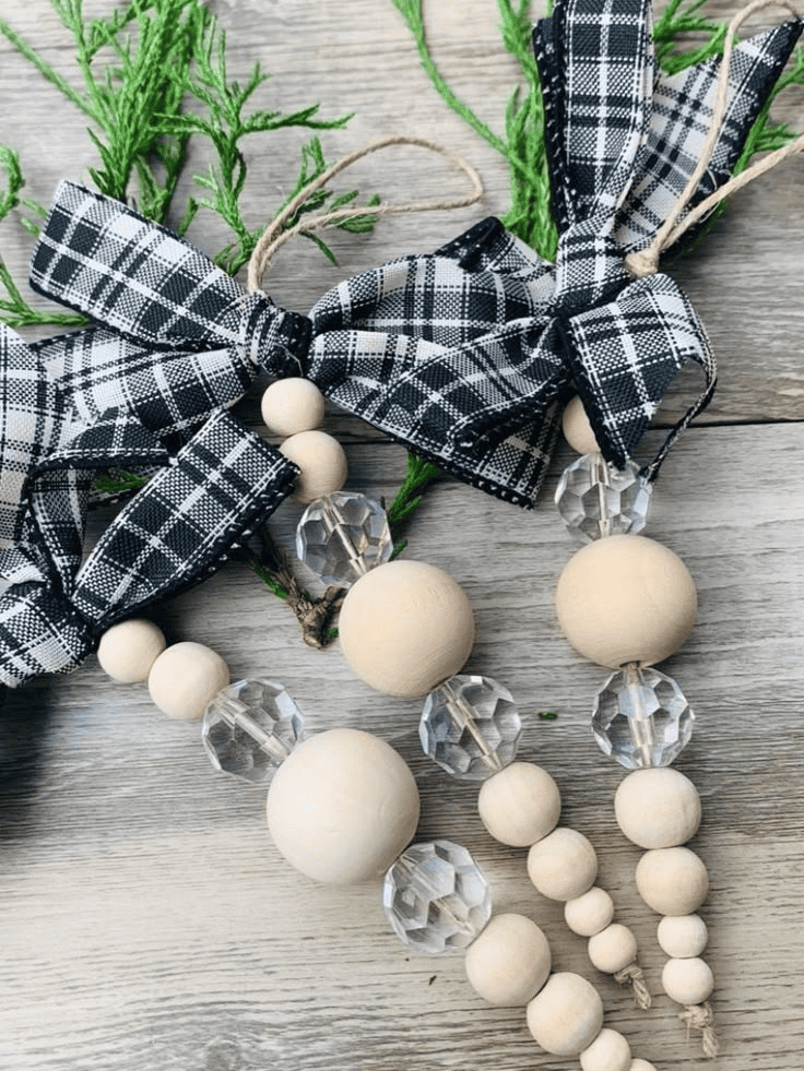 Plaid Fabric Bow Ornaments with Wooden and Crystal Beads