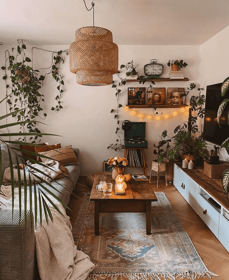 Plants and Vintage Decor Warm a Cozy Living Room