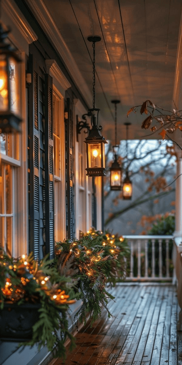Porch Railing Wreaths and Lights Intensify Festive Atmosphere