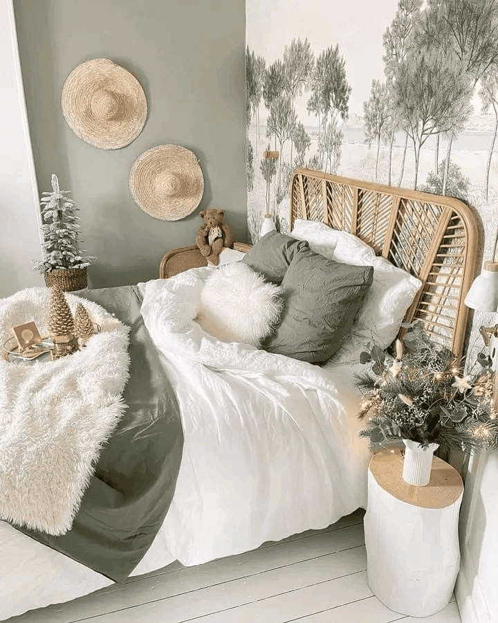 Rattan Headboard and Festive Touches Create Cozy Comfort