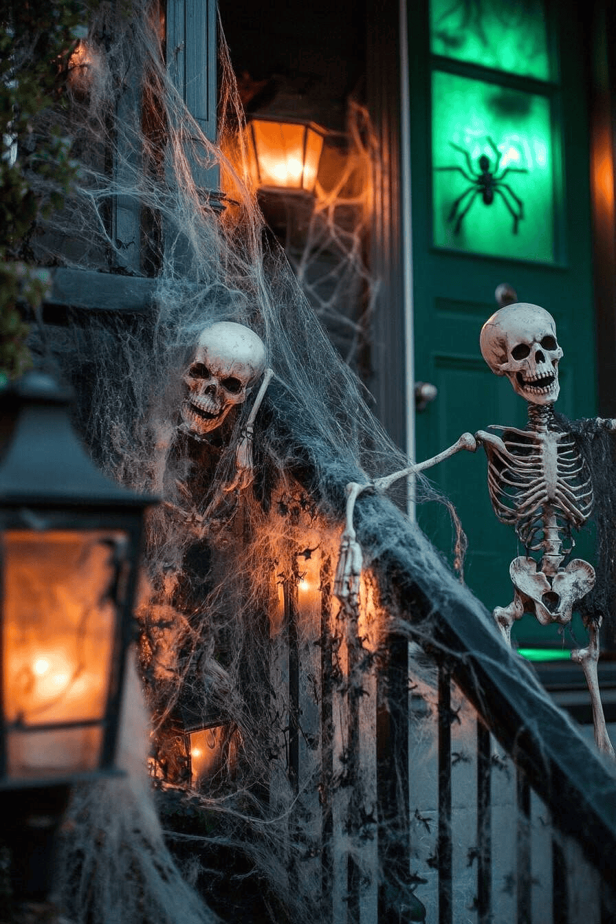 Skeletons and Spider Webs Guard the Halloween Porch