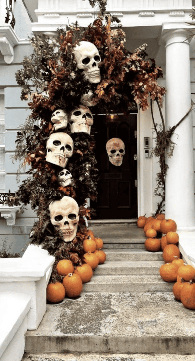 Skull and Dried Flower Lintel Welcomes Halloween Visitors