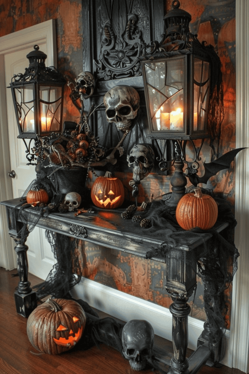 Skulls and Jack-o’-Lanterns Create a Mysterious Mantel Display