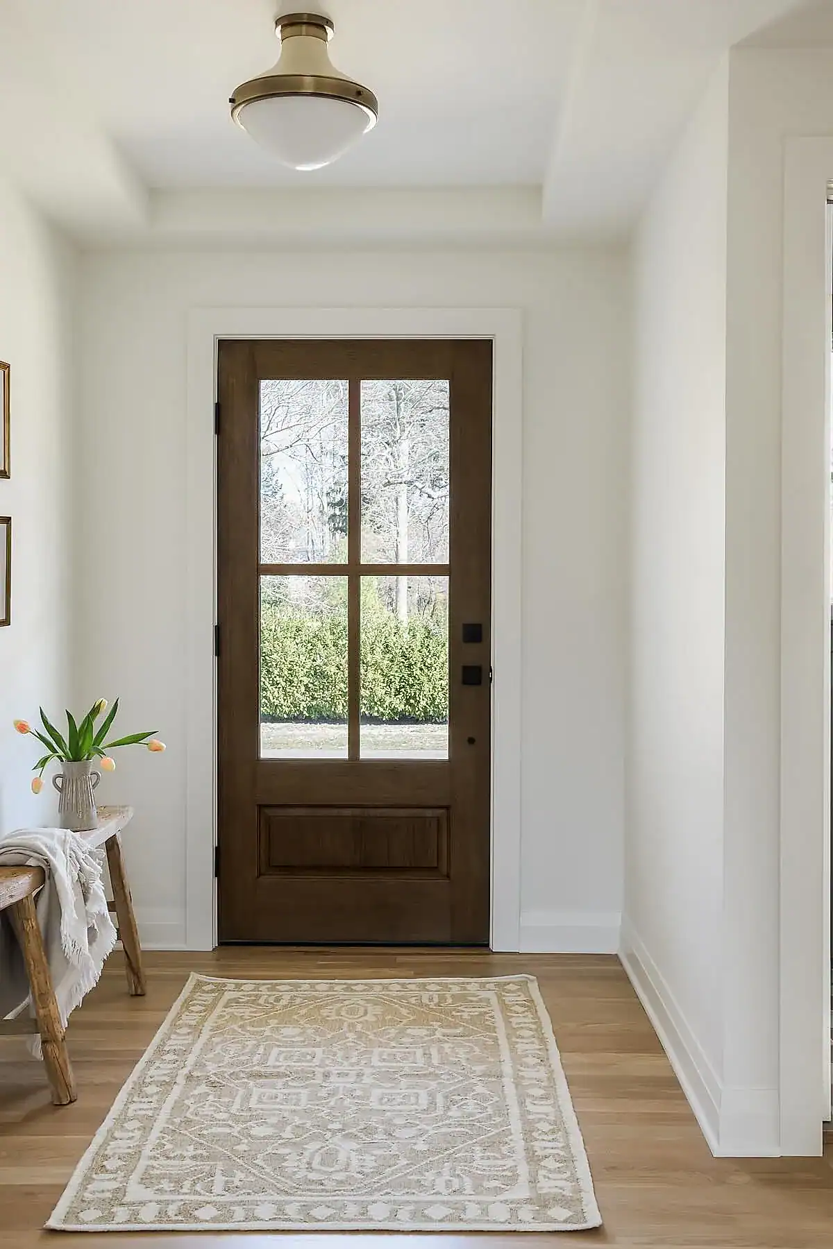 Entryway featuring a wooden bench, light patterned rug, decorative ceiling light, and framed art.