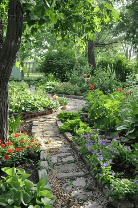 Stone Pathway Through Colorful Flower Beds
