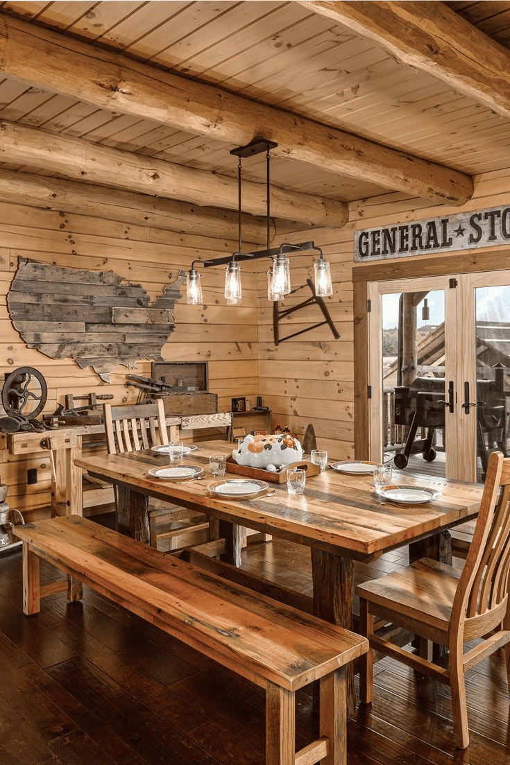 Vintage Kitchen With Pendant Lights And Dining Table