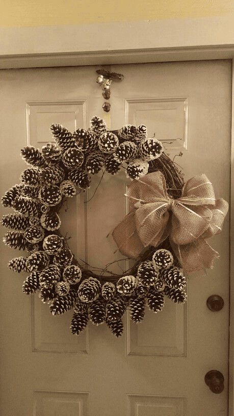 White Pinecone Christmas Wreath with a Ribbon Bow
