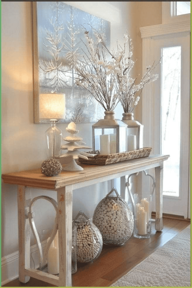 Winter Decor Transforms a White Entryway Table