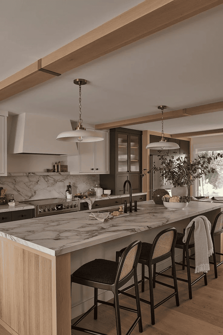 Wooden Beams And Marble Island With Social Seating