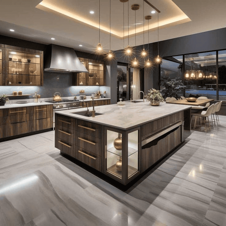 Wooden Cabinets And Stone Countertops With Whimsical Star Lights