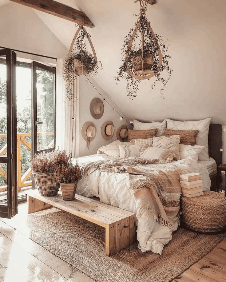 Wooden Furniture and Hanging Plants Create a Peaceful Retreat