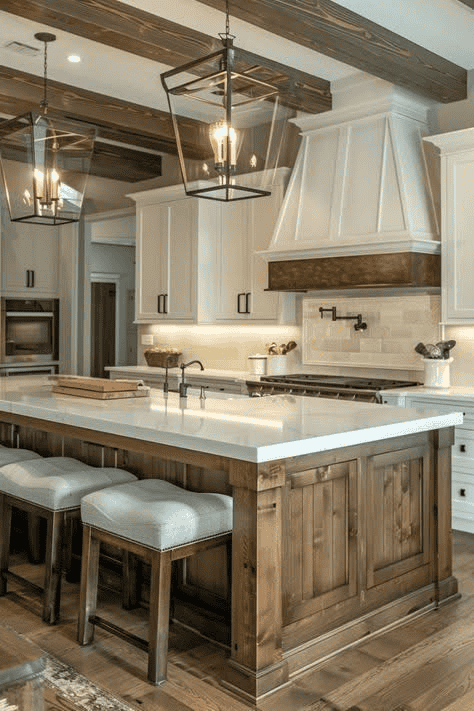 Wooden Island And Pendant Lights Combine Function
