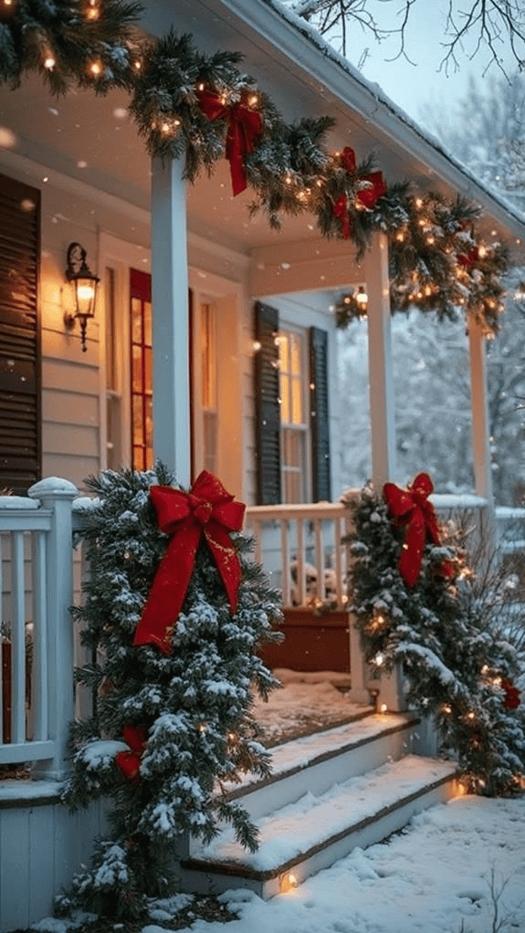 Wreaths and Lights Illuminate the Porch Columns