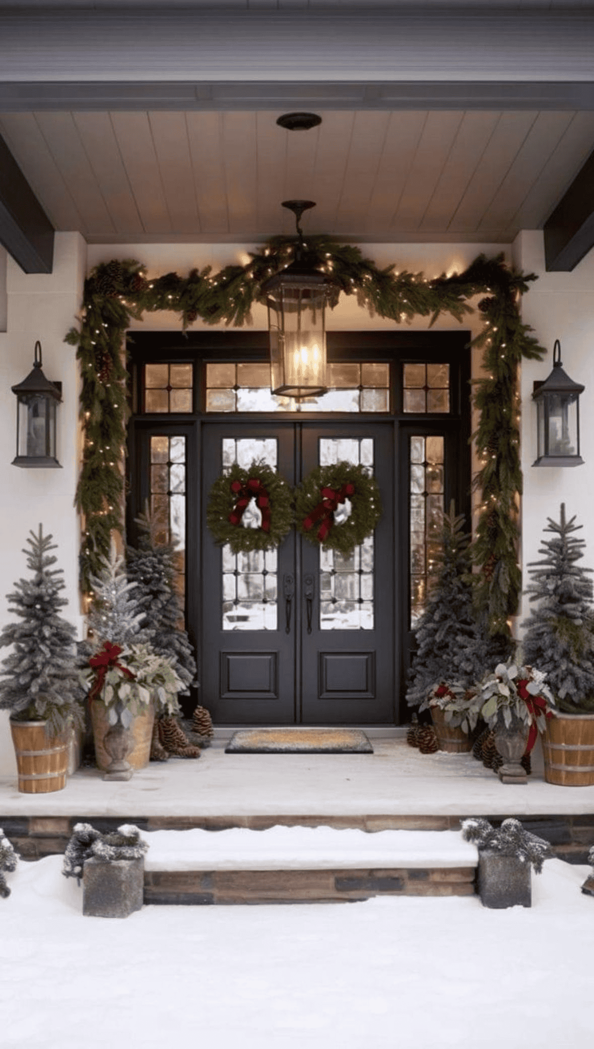 Wreaths and Lights Warm the Winter Entrance